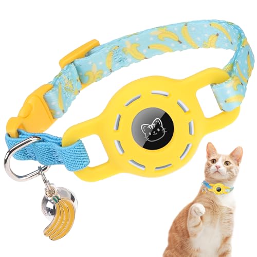 BINGPET AirTag Cat Collar with Bells, Upgraded Safety Elastic Cat Collar with Airtag Cat Collar Holder, Anti-Lost Cat Collars for Girl Boy Cats, Anti-Suffocation Kitty Puppy Collars - color: Banana
