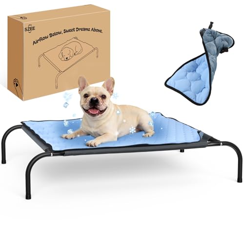 SZEE Raised Dog Cot Bed with Detachable 2-Sided Cooling/Warming Waterproof Mat, Elevated Dog Bed for Medium Sized Breeds with Durable Steel Frame & Sturdy Teslin Mesh, Outdoor & Indoor All-Season Use - size: Medium