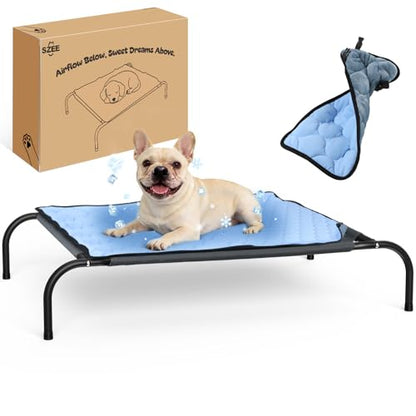 SZEE Raised Dog Cot Bed with Detachable 2-Sided Cooling/Warming Waterproof Mat, Elevated Dog Bed for Medium Sized Breeds with Durable Steel Frame & Sturdy Teslin Mesh, Outdoor & Indoor All-Season Use - size: Medium