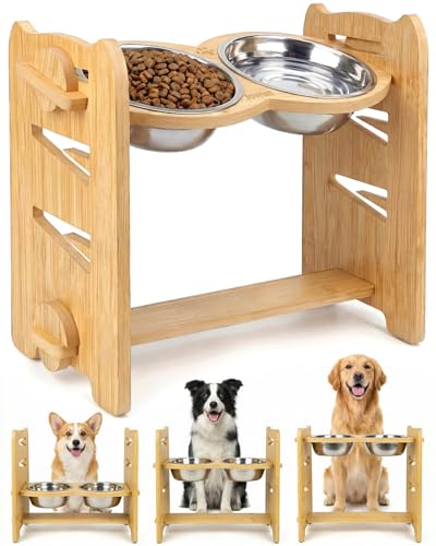 Jovrun Elevated Dog Bowls, Adjustable Raised Dog Bowl Stand for Medium Size Dogs, 15°Tilted Elevated Dog Bowls, Durable Bamboo Dogs Feeder with 2 Stainless Steel Bowls and Non-Slip Feet - color: Bamboo, size: 6.3″-12.8″For Small and Medium Dogs