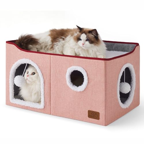 Bedsure Large Cat Beds for Indoor Cats - Extra Wide Cat Cube House for Small Pet with Fluffy Ball Hanging and Scratch Pad, Foldable Pet Cave Hideaway for Multiple Cats, 23.6x16.9x13 inches,Pink - color: Pink, size: Widen