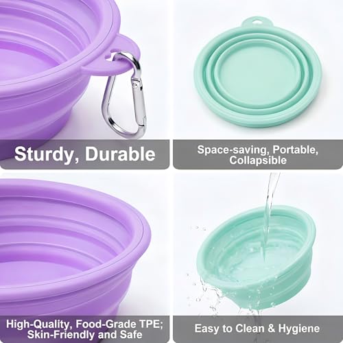 Collapsible Dog Bowls 2-Pack, Portable Travel Dog Bowl with Carabiner, Food-Grade BPA-Free Silicone Pet Food & Water Bowl for Dogs & Cats, Hiking Walking Camping (Purple and Mint Green) - color: Purple and mint green