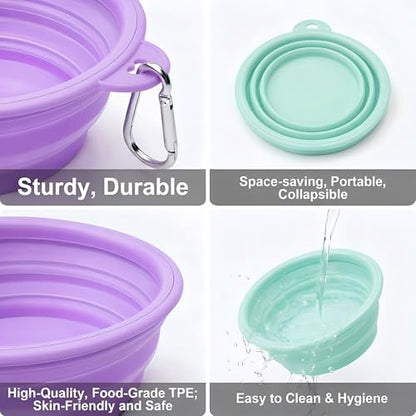 Collapsible Dog Bowls 2-Pack, Portable Travel Dog Bowl with Carabiner, Food-Grade BPA-Free Silicone Pet Food & Water Bowl for Dogs & Cats, Hiking Walking Camping (Purple and Mint Green) - color: Purple and mint green