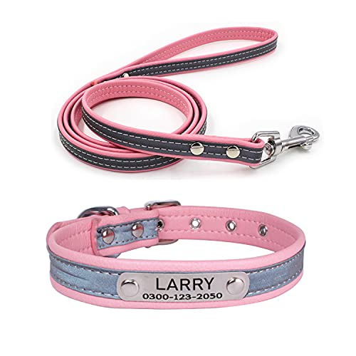 Custom Personalized Reflective Cat Dog Collar and Leash Set with Engraved Name Plate Pink Puppy Kitty Dog Cat Collar and 4 FT Leash Set for Small Medium Large Girl Boy Dogs Cats - color: Pink, size: M (10.2-13.4in)