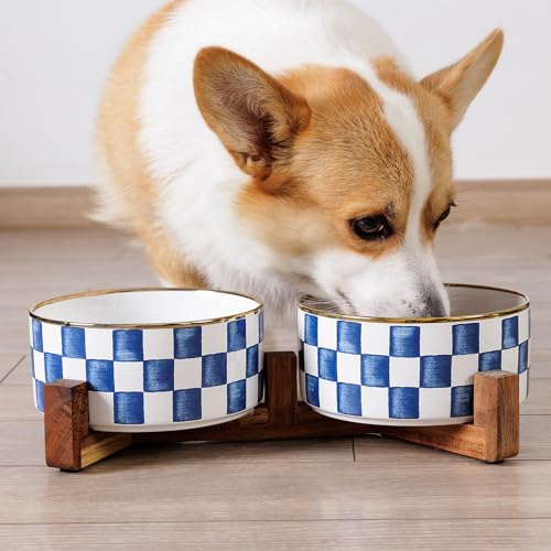 Ceramic Dog Bowls for Medium Dogs, 3.5 Cups Checkered Dog Food and Water Bowl with Acacia Wood Stand, Non-Slip Anti-Tip Elevated Feeding Station, Black and White - color: Black and White