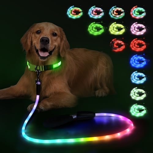 7 Ft Longest Light up Dog Leash with 15 Flashing Modes - Super Bright Waterproof LED Dog Leash for Medium Large Giant Dogs - Type-c Rechargeable Dogs Leashes Light (Multi-Color, 7FT (210cm)) - size: 7FT (210cm)