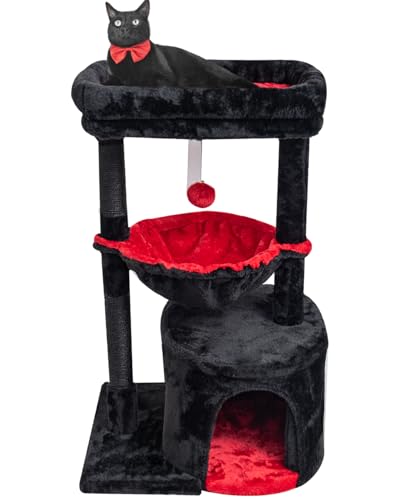 SYANDLVY Gothic Cat Tree with Coffin Bed for Indoor Cats, Small Cat Tower with Scratching Post, Modern Activity House Condo with Cradle, Kittens Cave, Black & Red - color: Black & Red