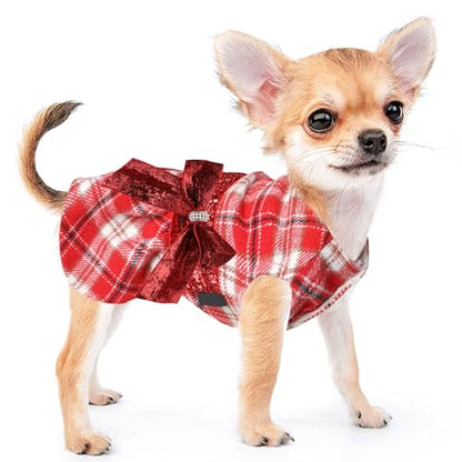Red Dog Dress Dog Sweater - Christmas Doggy Clothes for Small Dogs - Puppy Sweater Dress Princess Plaid Dress - Pet Outfit Holiday Festival Puppies Apparel Wedding Birthday Winter Clothing, XXS, Red - color: Red Plaid, size: XX-Small (Chest 11in )