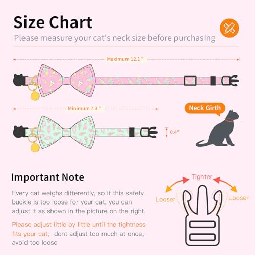 2 Pack Cotton Cat Collar with Bow Tie and Bell for Girl Boy Cats,Cute Pink Flamingo and Blue Whale Pattern Spring Summer Breakaway Cat Collar for Male Female Cats (Ice Cream) - color: Ice Cream