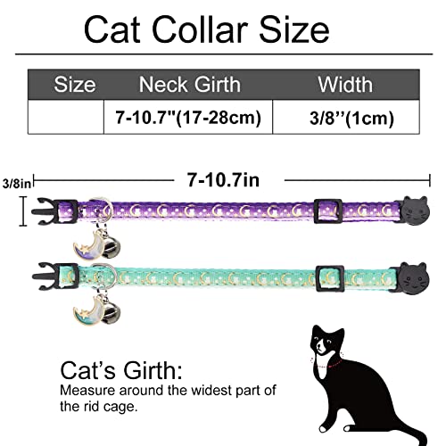 2 Pack Breakaway Cat Collar with Bells,Adjustable Moon and Star Kitten Safety Collars for Boys & Girls,Purple+Teal - color: Teal+Purple