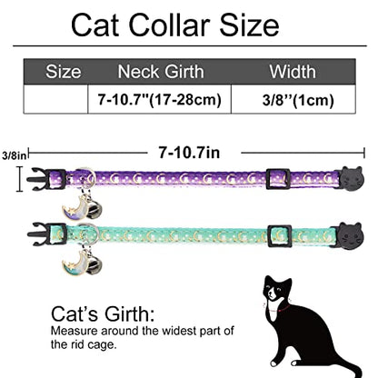 2 Pack Breakaway Cat Collar with Bells,Adjustable Moon and Star Kitten Safety Collars for Boys & Girls,Purple+Teal - color: Teal+Purple