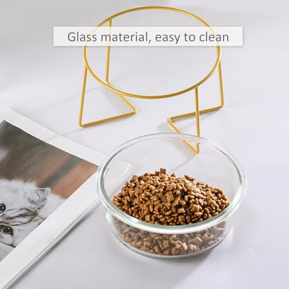 Large Glass Tilted Elevated Cat Dog Bowl Raised Cat Food Water Bowl Dish Pet Comfort Feeding Bowls with Gold Iron Stand - color: Glass, size: Large