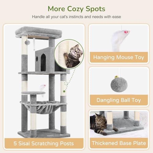 Globlazer Cat Tree Tower with Scratching Post for Indoor Cats, 53inch Tall Plush Multi-Level Cat Climbing Tower Condo House with Large Hammock, Spacious Cat Cave, Padded Top Perch Bed, F53, Light Gray - color: Light Gray