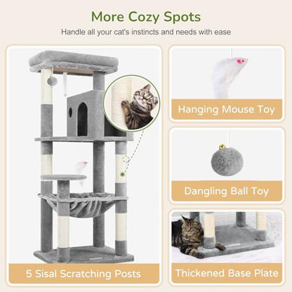 Globlazer Cat Tree Tower with Scratching Post for Indoor Cats, 53inch Tall Plush Multi-Level Cat Climbing Tower Condo House with Large Hammock, Spacious Cat Cave, Padded Top Perch Bed, F53, Light Gray - color: Light Gray