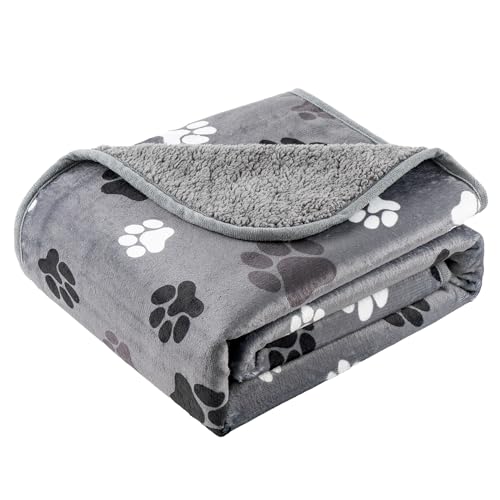 Waterproof Dog Blankets Pet Blanket 50"x60", Soft Fluffy Sofa Car Bed Protector, Reversible Sherpa Fleece Dog Blanket for Large Dogs (Dark Grey-Paws) - color: Dark Grey-paws, size: 50"x60"
