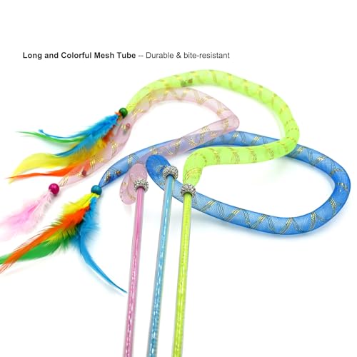 IUHKBH Cat Wands, 3 PCS Soft Line Tube Teaser Wands Colorful Feather Wands with Bell Interactive Cat Toys