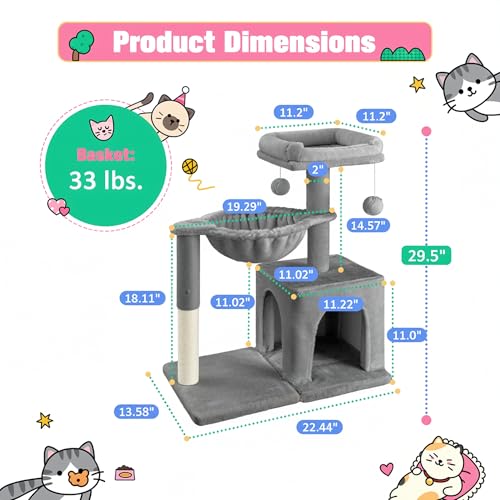Allewie 29.5in Indoor Cat Tree, Multi-Level Cat Tower with Sisal Scratching Posts, Padded Perch, Basket, Condo, and Hanging Ball, Suitable for Kittens and Adult Felines, Grey - color: Grey