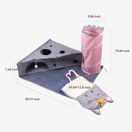 Cat Tunnel for Indoor Cats Peekaboo, 2-in-1 Interactive Cat Enrichment with Ball Toys, Large Felt Mat, Scratch Resistant Cats Activity Play Mats for Multiple Kittens, Dogs【Pink】