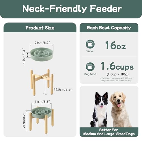 Havniva 8.2” Raised Slow Feeder Dog Bowls, 1.6 Cups Ceramic Dog Bowl Slow Feeding for Medium Breed, Elevated Puzzle Dog Food Bowl with Wooden Stand Non-Slip Anti-Gulping & Anti-Choking - color: 1 x Light Green+Stand-A, size: 8.2inch