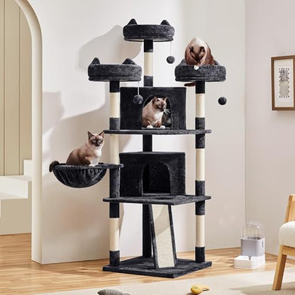 Yaheetech 68.5in Cat Tree for Large Cats, Multi-Level Cat Tower with 3 Wide Perches, Large Condo, Stable Pet Play House w/Sisal-Covered Scratching Posts & Board, Black - color: Black, size: 68.5in