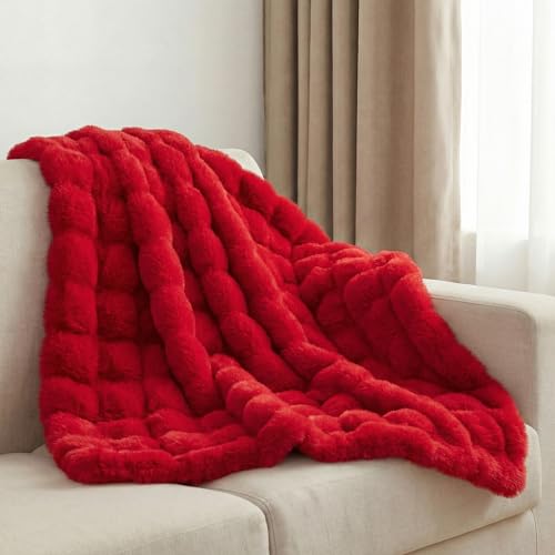 Leximan Cozy Faux Fur Throw Blanket for Couch, Reversible Plush Fluffy Decorative Bubble Throw for Sofa and Living Room, Soft Lap Blanket for Bed, Dog & Cat (Red, 40''x50'') - color: Red, size: 40''x50''