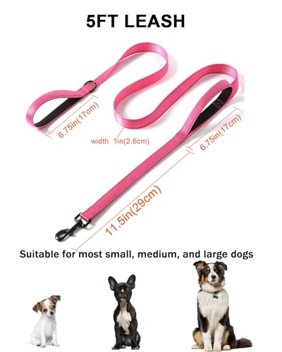 Aeclleca Soft Handle Reflective Black Dog Leash with 2 Padded Handles, 5FT Heavy Duty Pet Lead for Medium & Large Dogs, Comfortable Anti-Slip Grip & Night Safety Design (Hot Pink) - color: Hot pink