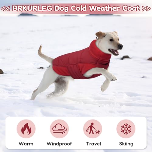 BRKURLEG Dog Winter Coat with Harness Built in, Warm Jacket for Small Medium and Large Dogs, Windproof Turtleneck Fleece Dogs Snowsuit with Hook & Loop, Reflective Christmas Dog Jacket, Red L - color: Red, size: Large