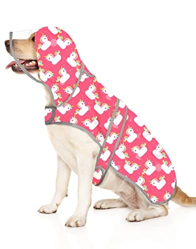 HDE Dog Raincoat with Clear Hood Rain Jacket Poncho for Small Medium Large Dogs Unicorn Ducks Pink - L - color: Unicorn Ducks Pink, size: Large