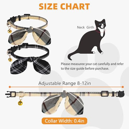KOOLTAIL Cat Collar Breakaway with Bowtie and Bells, 2 Pack Cute Kitten Collars for Boys & Girls, Classic Plaid Design with Safety Buckle Adjustable for Small Large Cats Puppy,Black & Beige - color: Beige & Black Plaid