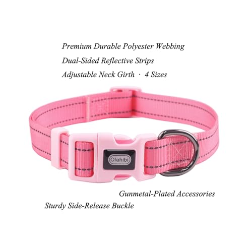 Dog Collar Leash Set, Durable Polyester with Safety Reflective Strips, 5 ft Matching Leash, Neoprene Padded Handle, Adjustable 4 Sizes for Small Medium Large Dogs.(S, Pink) - color: Solid Pink, size: Small