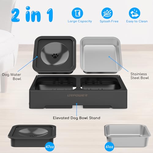 URPOWER 2-in-1 Elevated Dog Bowls 4 Height Adjustable Raised Dog Bowls with No Spill Water Bowl and Stainless Steel Food Bowl Non-Slip Stand for Small Medium Large Dogs - color: Black, size: No Spill Water Bowl