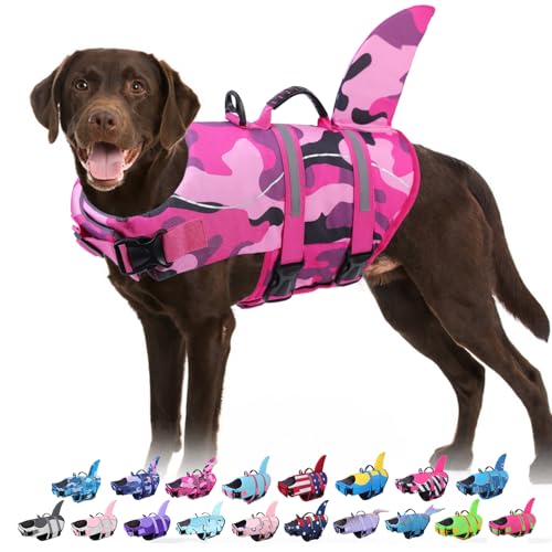 Dog Life Jacket - Shark Life Vest for Swimming Boating - Reflective Lifejacket Swimsuit for Small Medium Large Dogs - High Buoyancy Lifesaver Preserver with Rescue Handle, HotPink Camo XS - color: Hot Pink Camo, size: X-Small