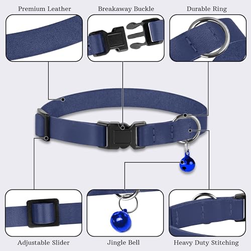 Breakaway Cat Collar with Bell - Leather Adjustable Kitten Collars with Safety Quick Release Buckle - Soft Small Pet Collars for Girl & Boy Cats (Deep Blue) - color: Deep Blue