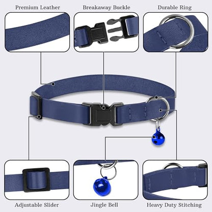 Breakaway Cat Collar with Bell - Leather Adjustable Kitten Collars with Safety Quick Release Buckle - Soft Small Pet Collars for Girl & Boy Cats (Deep Blue) - color: Deep Blue