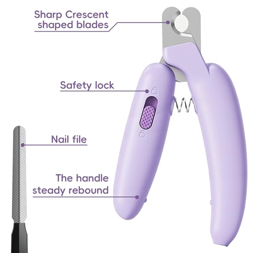 Dog Nail Clippers,Dog Nail Trimmers for Small Medium Dogs and Cats - Professional Grooming Tool with Safety Lock, Sharp Stainless Steel Blade Prevents Splitting, Includes Nail File (Purple-mini) - size: Purple-mini