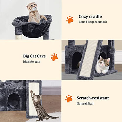 SYANDLVY 23.62" Cat Tree for Indoor Large Cats, Cat Tower with Scratching Posts & Board, Modern Cat Bed Furniture with Condo & Basket (Smoky Grey) - color: Smoky