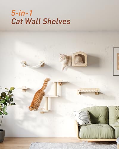 Cat Wall Shelves for Large Cats, 5-in-1 Cat Wall Furniture with Large Hammock and Wide Perch, Wooded Wall Climbing Furniture Set for Indoor Cats