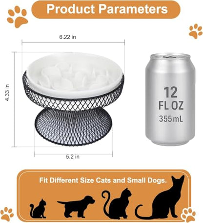 2PCS Raised Ceramic Cat Slow Feeder Bowl Elevated Food Bowl with Stand, Cat Slow Bowl for Wet Food and Dry Food,Slow Down Eating Speed, Whisker Friendly Pet Puzzle Feeder for Kitten and Small Dog - color: White Set of 2