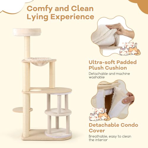 Tangkula Cat Tree Tower, 60 Inch Multi-Level Modern Wooden Cat Tower with 2-Story Condo, Sisal Scratching Posts & Mat, Perch, Hammock, Washable Plush Cushion for Indoor Cats Large Adult - size: 60 Inch