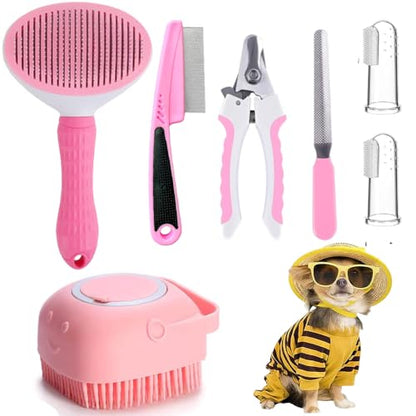 7 Pcs Cat Dog Brush Grooming Kits, Self-Cleaning Slicker Brush, Pet Nail Clipper and File, Flea Comb, Pet Shampoo Bath Brush, Pet Finger Toothbrush, Storage Bag (Pink) - color: Pink
