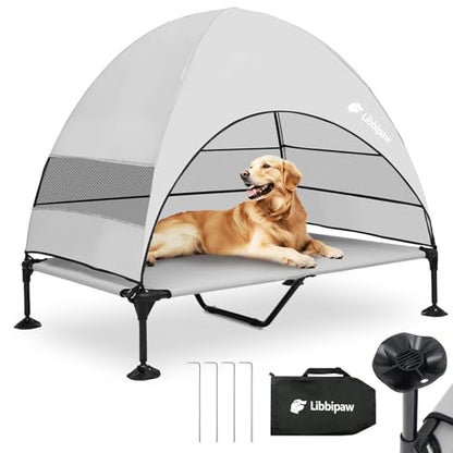 Windproof Elevated Dog Bed with Canopy & Stakes, 3-Sided 90% UV Block, Chew-Proof Teslin Mesh Mat for Large Dogs up to 150lbs(Grey X-Large) - color: Grey, size: X-Large