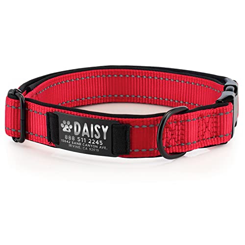 Improved - Personalized Dog Collars w/Engraved Metal ID Nameplate for Name & 3 Lines Text - Custom 20 Icons, 4 Adjustable Sizes, 10 Fonts, Dog Collar for Large Dogs, Dog ID Tag Personalized, Red - color: Red