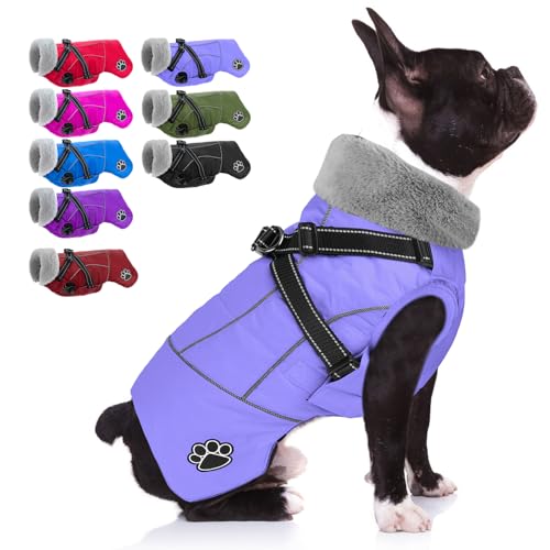 Dog Coat with Harness, Reflective Warm Dog Jacket Waterproof Puppy Winter Coat for Cold Weather, Adjustable Fleece Jacket for Small Medium Large Dogs - color: Light Purple, size: Medium