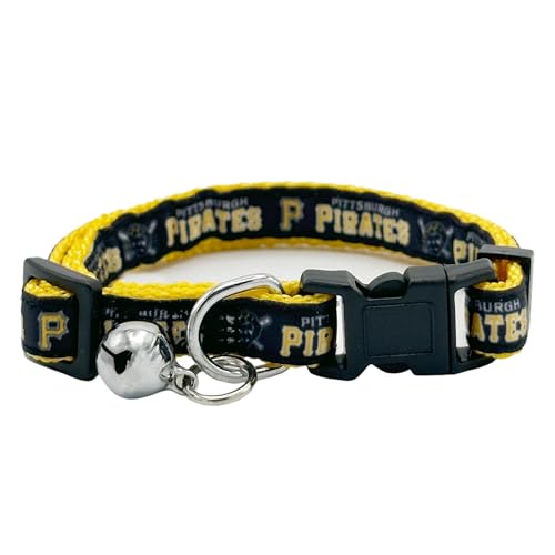 MLB CAT Collar Pittsburgh Pirates Satin Cat Collar Baseball Team Collar for Dogs & Cats. A Shiny & Colorful Cat Collar with Ringing Bell Pendant - color: Pittsburgh Pirates