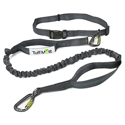 Tuff Mutt Hands-Free Waist Leash for Dog Walking, Running and Hiking, Carabiner Clip, Adjustable Belt with Double Handle, Reflective Bungee Design for Large & Medium Dogs - color: Carabiner/Gray