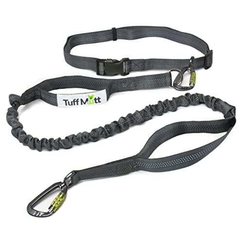 Tuff Mutt Hands-Free Waist Leash for Dog Walking, Running and Hiking, Carabiner Clip, Adjustable Belt with Double Handle, Reflective Bungee Design for Large & Medium Dogs - color: Carabiner/Gray