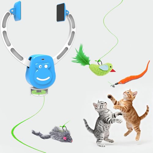 Interactive Cat Toys for Indoor Cats, Smart Interactive Hanging Cat Toy for Door Frame, USB Rechargeable, Automatic Electric Flying Bird Cat Toy Gifts for Bored Indoor Adult & Kitten Cats(Blue) - color: Blue