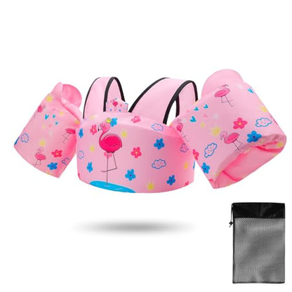 Toddler Swim Vest Floaties for 22-66 lbs / 2-6 Y Kids Swim Jacket with Adjustable Safety Buckle Arm Wings Swim Training for Boys and Girls Beach Boating Pool Floats - color: Pink Flamingo