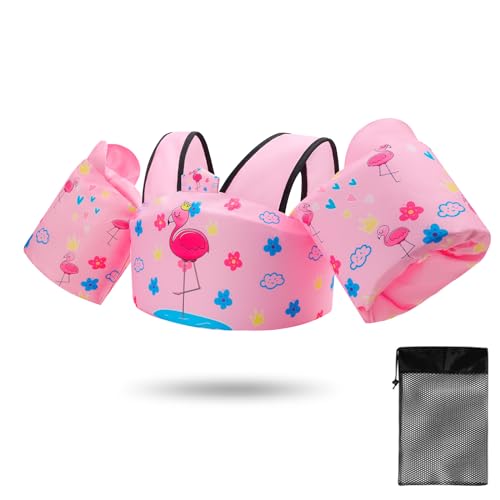 Toddler Swim Vest Floaties for 22-66 lbs / 2-6 Y Kids Swim Jacket with Adjustable Safety Buckle Arm Wings Swim Training for Boys and Girls Beach Boating Pool Floats - color: Pink Flamingo