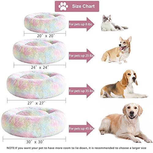 WNPETHOME Calming Dog Bed Cat Bed Donut, Faux Fur Pet Bed Self-Warming Donut Cuddler, Comfortable Round Plush Dog Beds (20 x 20 x 8 Inch, Rainbow) - color: Rainbow, size: 20"L x 20"W x 8"Th